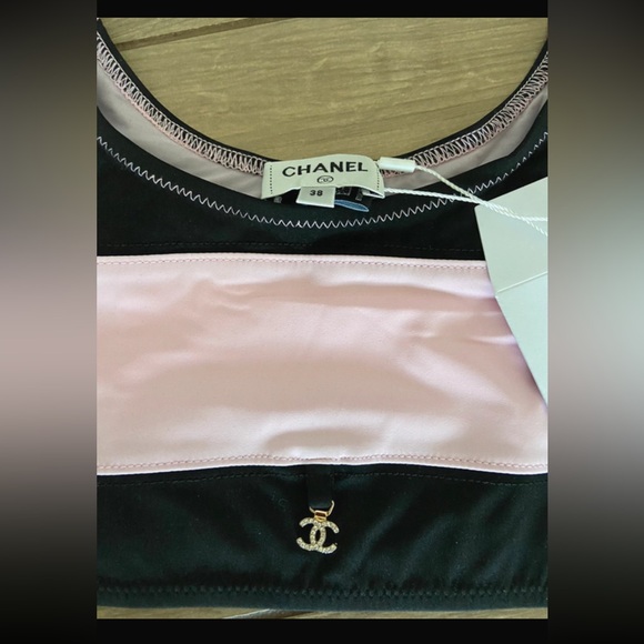 NWT CHANEL Pink&Black Striped Crop Top/bikini top size XS - Picture 5 of 11